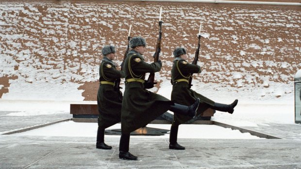 Moscow: Soldiers of the Kremlin Regiment march through the the cold at the Kremlin Wall.