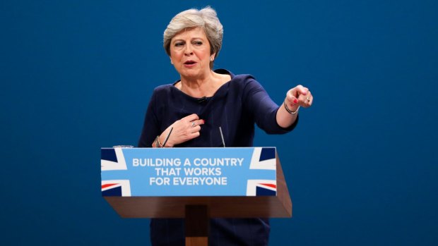 UK Prime Minister Theresa May addressing the Conservative Party conference in Manchester.