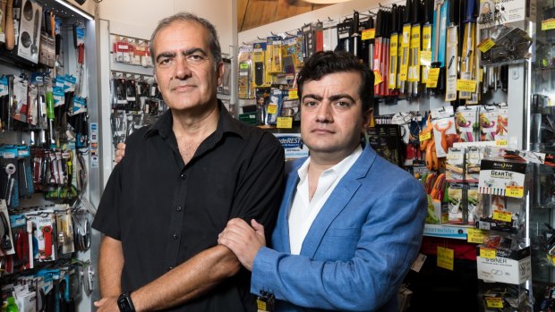 Sam Dastyari and his father Naser in his shop, King of Knives, in Queen Victoria Building, Sydney.