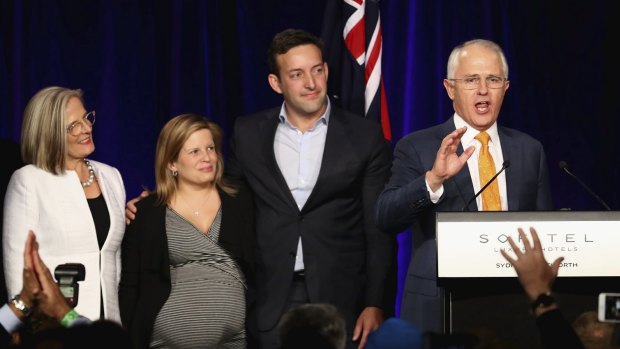 Malcolm Turnbull, daughter Daisy and son-in-law James Brown on election night in 2016
