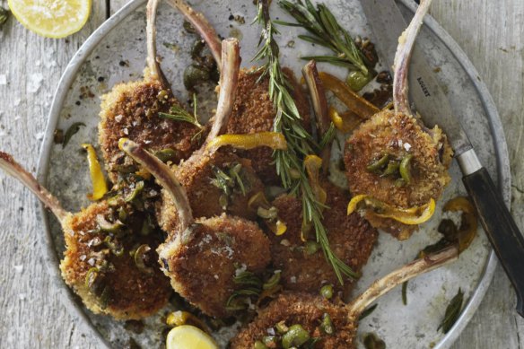 Crumbed lamb cutlets in rosemary, olive and lemon butter.