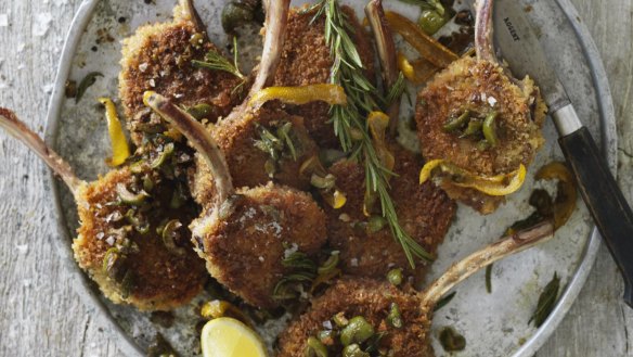 Crumbed lamb cutlets in rosemary, olive and lemon butter.