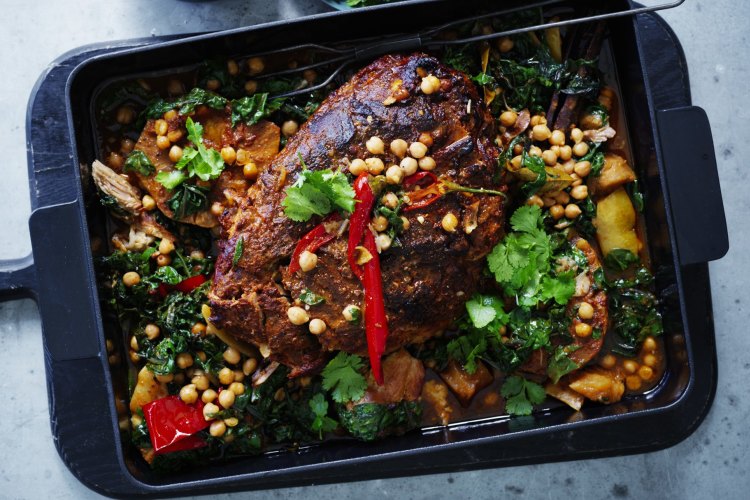 Karen Martini's Slow-cooked pork shoulder with chickpeas, orange, tomato and harissa