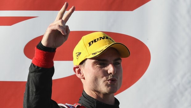 Double delight: Tim Slade celebrates after again winning at Winton Raceway.