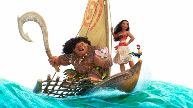 Moana (Auli'i Cravalho) and Maui (Dwayne Johnson) in the animated movie <i>Moana</i>.