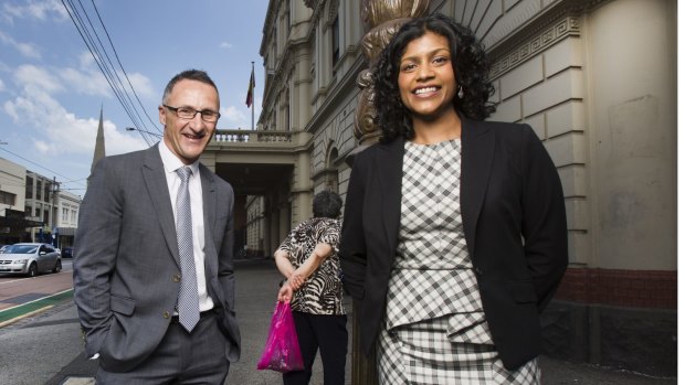 Greens candidate for Wills Samantha Ratnam with party leader Richard Di Natale.