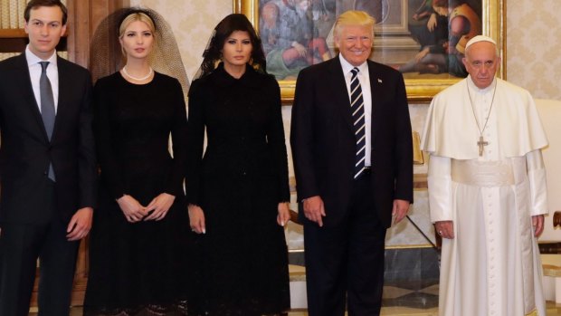 Jared Kushner, Ivanka and Melania Trump with President Donald Trump and Pope Francis. 