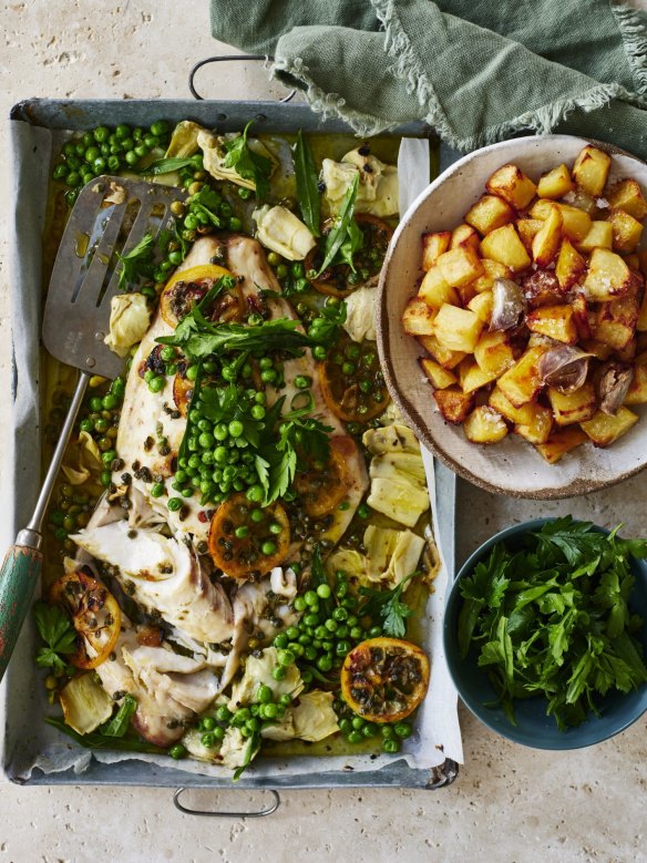 Baked fish with potatoes and peas - all it needs is a side salad.