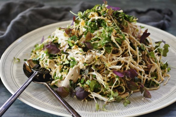 Poached chicken and soba noodle salad with spicy nut dressing.