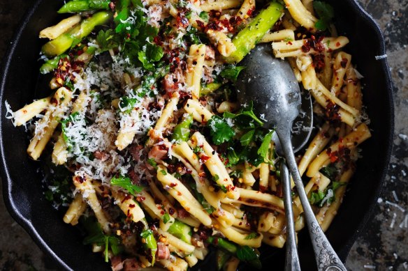 Casarecce pasta with asparagus, chilli, garlic and pancetta.