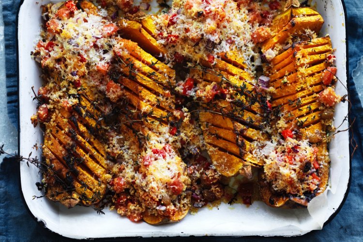 Rachel Khoo's hasselback pumpkins with cous cous and parmesan crust.