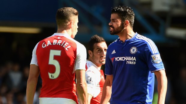 Diego Costa and Gabriel exchange words at Stamford Bridge.