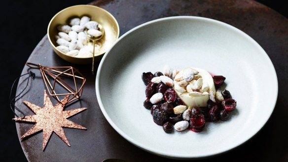 Mascarpone cream, roast cherries with Christmas spices and chocolate sauce recipe by Andrew McConnell for Good Food.