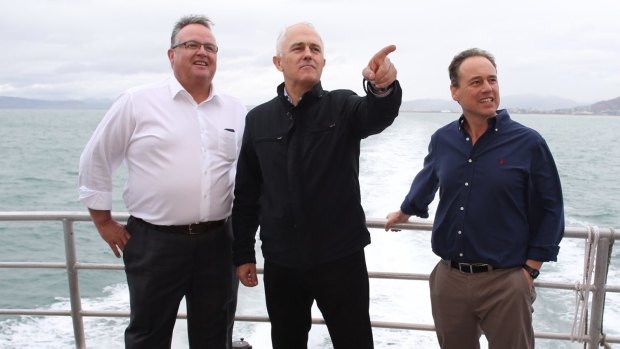 Happier times. Prime Minister Malcolm Turnbull with local member Ewen Jones and minister Greg Hunt near Townsville during the campaign.