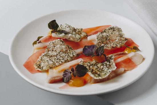 Industry Beans' Chadstone menu includes 12-hour cured kingfish with seaweed crisp and compressed papaya.