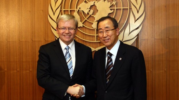 Kevin Rudd and UN secretary-general Ban Ki Moon at UN headquarters in New York last month.