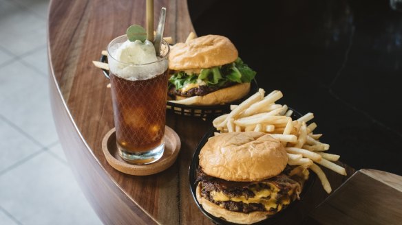 The Fancy Free Float with coconut cold drip coffee and pandan gelato, and a pair of Mary's burgers.