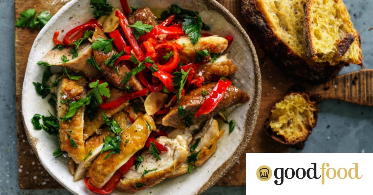 Sweet and spicy chicken and sausage tray bake