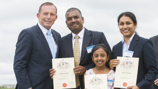 Tony Abbott congratulates the Devaprasanna family - who arrived from India in 2000 - on their Australian citizenship.