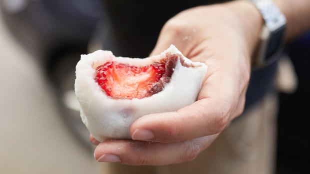 Mochi-wrapped strawberry and azuki bean.