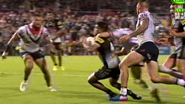 Escaped sanction: Michael Gordon with the controversial tackle on Tyrone Peachey.