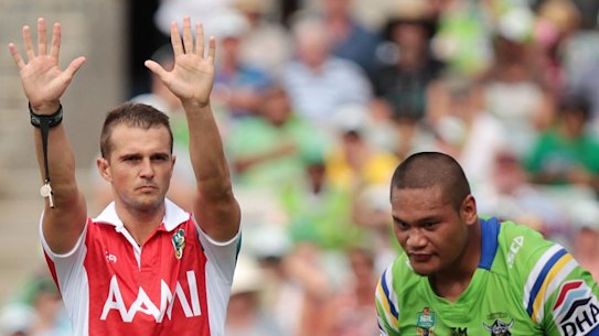 Raiders centre Joey Leilua is sent to the sin bin in round two against the Roosters. 