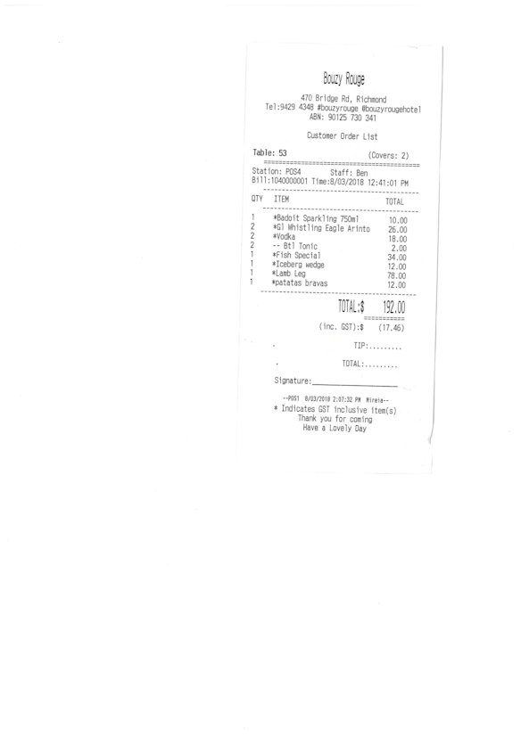 Receipt for lunch with Molly Meldrum at Bouzy Rouge.
