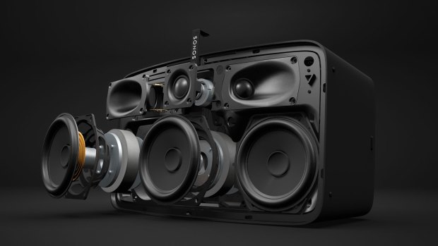 An exploded view of the new Sonos Play 5 wireless speaker with side-firing tweeters.