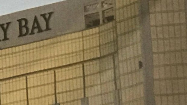 The view from the ACT couple's hotel room of the broken windows on the 39th floor of the Mandalay Bay resort and casino.