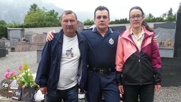 Photos from Senior Constable Bruno Masot's visit to Sophie Collombet's village in France. Sophie's mum and dad with Bruno Masot