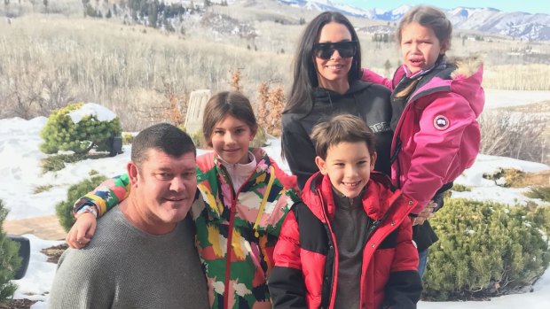 James Packer with his children Indigo, Jackson and Emmanuelle, with their mother and his ex wife Erica at their home in Aspen for Christmas 2017.