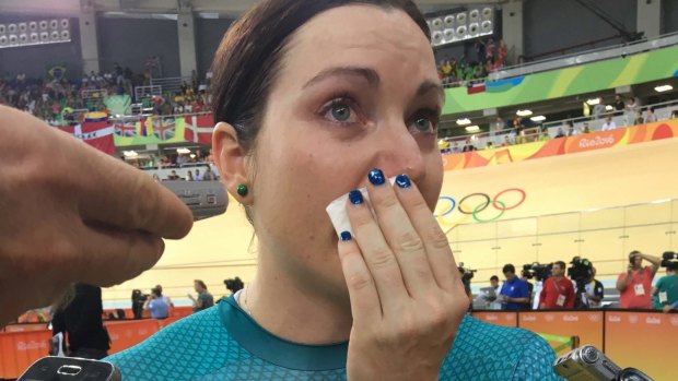 Anna Meares cries after riding the final race in her Olympic career.