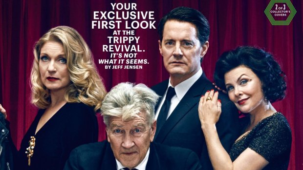 First peek: Twin Peaks director David Lynch with Sheryl Lee (as Laura Palmer), Kyle MacLachlan (FBI agent Dale Cooper) and Sherilyn Fenn (Audrey Horne).