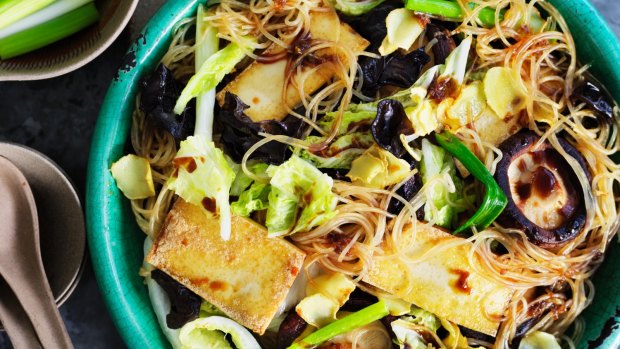 Kylie Kwong's stir-fried glass noodles with fresh shiitakes, tofu and cabbage.