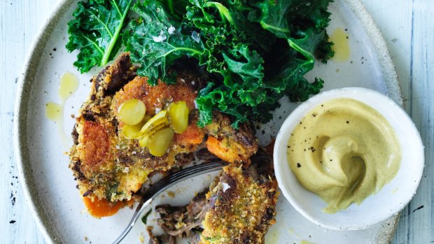 Winter fritters: Oxtail cakes with pickles, kale and mustard.