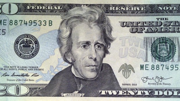 The US $20 bill, featuring a likeness of Andrew Jackson, seventh president of the United States.