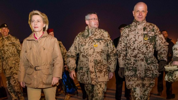 German Defence Minister Ursula von der Leyen (left) visiting German soldiers at Camp Marmal in Mazar-i-Scharif, Afghanistan in December.