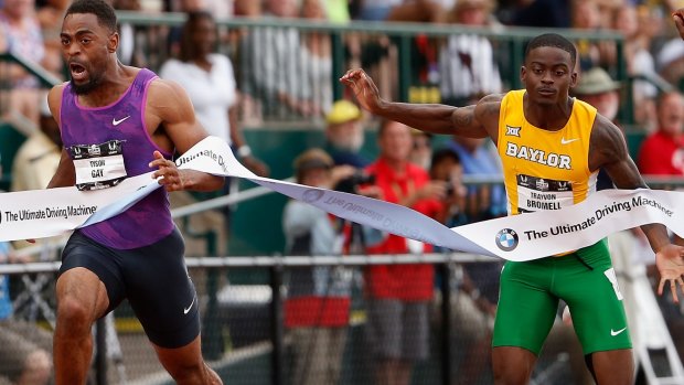 Teen star: Trayvon Bromell (R) is just pipped by Tyson Gay at the US Championship. He was 19 at the time.