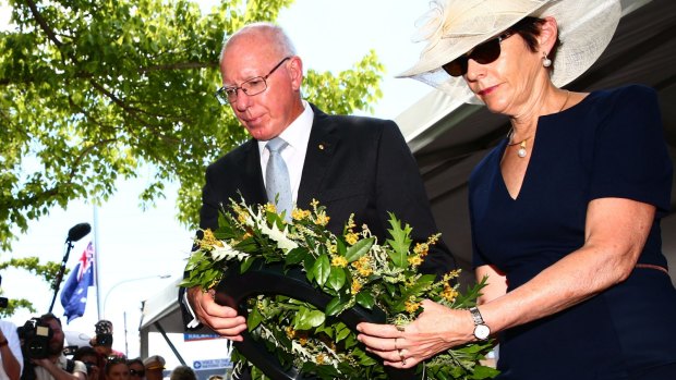 Governor David Hurley and his wife lay a wreath at the Granville ceremony.