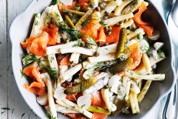 Adam Liaw's pasta salad: Smoked salmon and cornichons with yoghurt, sour cream and dill.