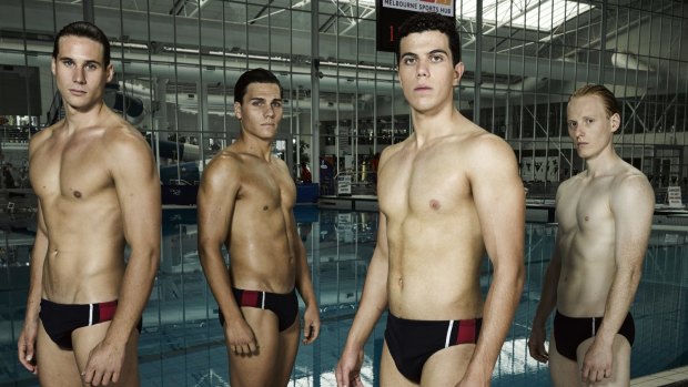 Elias Anton as Danny Kelly (second from right) with fellow swimmers in the  series <i>Barracuda</i>. 
