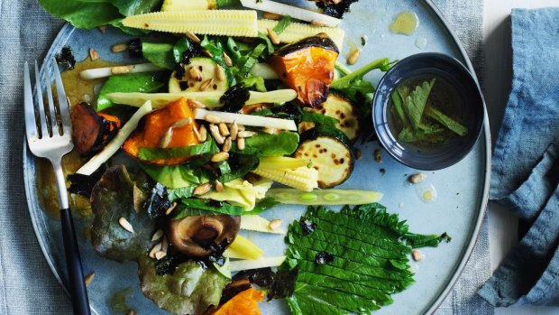 Andrew McConnell's vegetable salad with leaves and shaved kombu.