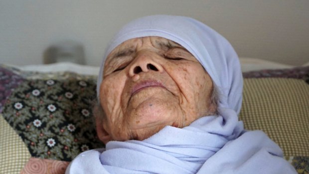 106-year old Afghan refugee Bibihal Uzbeki lies in bed in Hova, Sweden.