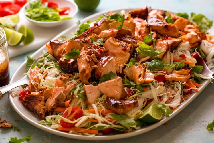 Asian glazed salmon noodle salad.