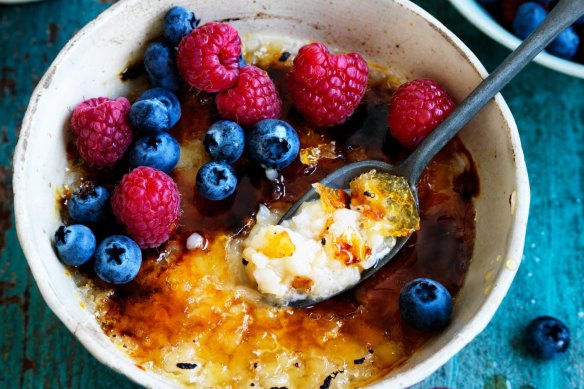 Rachel Khoo's creamy bruleed almond rice pudding berry pots.