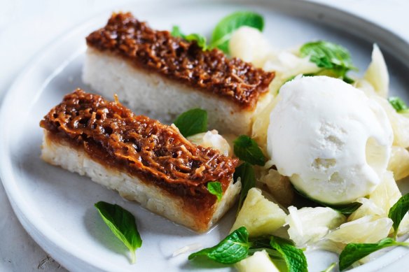 Tropical treat: Pineapple and pomelo salad with caramel baked rice and coconut sorbet.