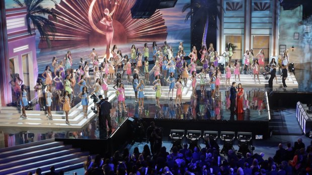 The contestants on stage ahead of the Miss Universe pageant in Miami. 