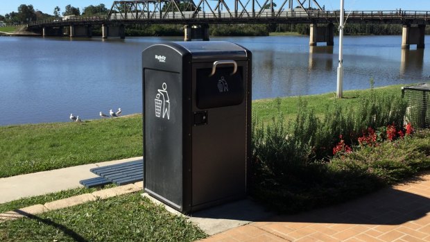 A "BigBelly" bins, which compresses rubbish, in Macksville, NSW. Seven of the bins have been ordered by the Melbourne City Council and will be installed in high-traffic locations in the CBD. 