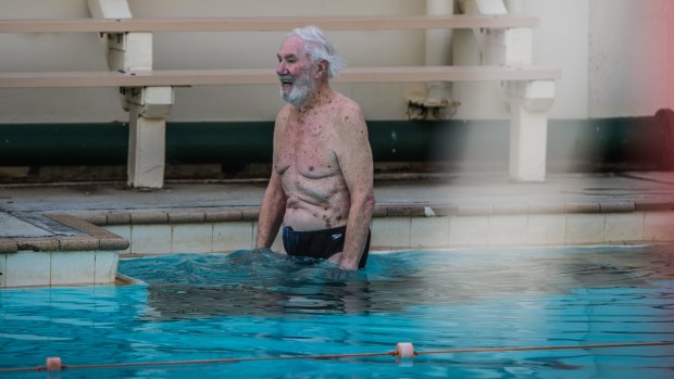 At the age of 94 Mervyn (Merv) Knowles does his daily laps of The Manuka Public swimming pool. He has been swimming there since its opening in 1931.