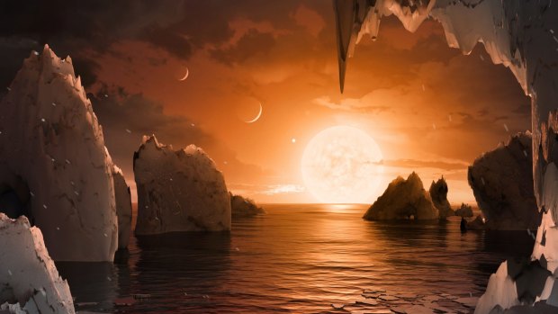 An artist's conception of the view from the fifth planet of the TRAPPIST-1 system.